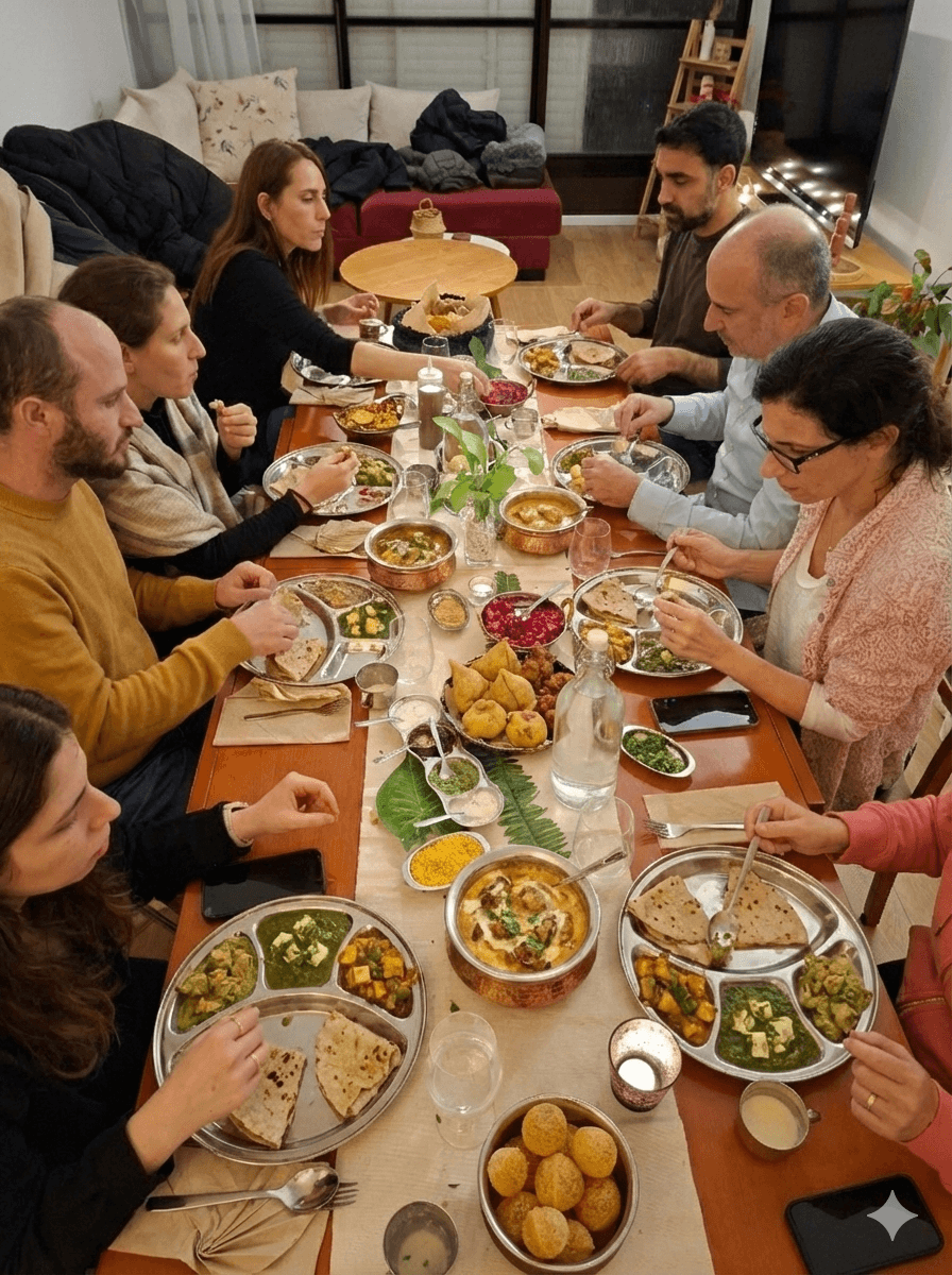 קבוצת אנשים יושבת סביב שולחן עץ ארוך ונהנית מארוחה הודית עשירה, הכוללת מנות רבות כמו סמוסות, פאני פורי, תבשילי קארי ורטבים שונים המוגשים בצלחות מתכת מסורתיות.